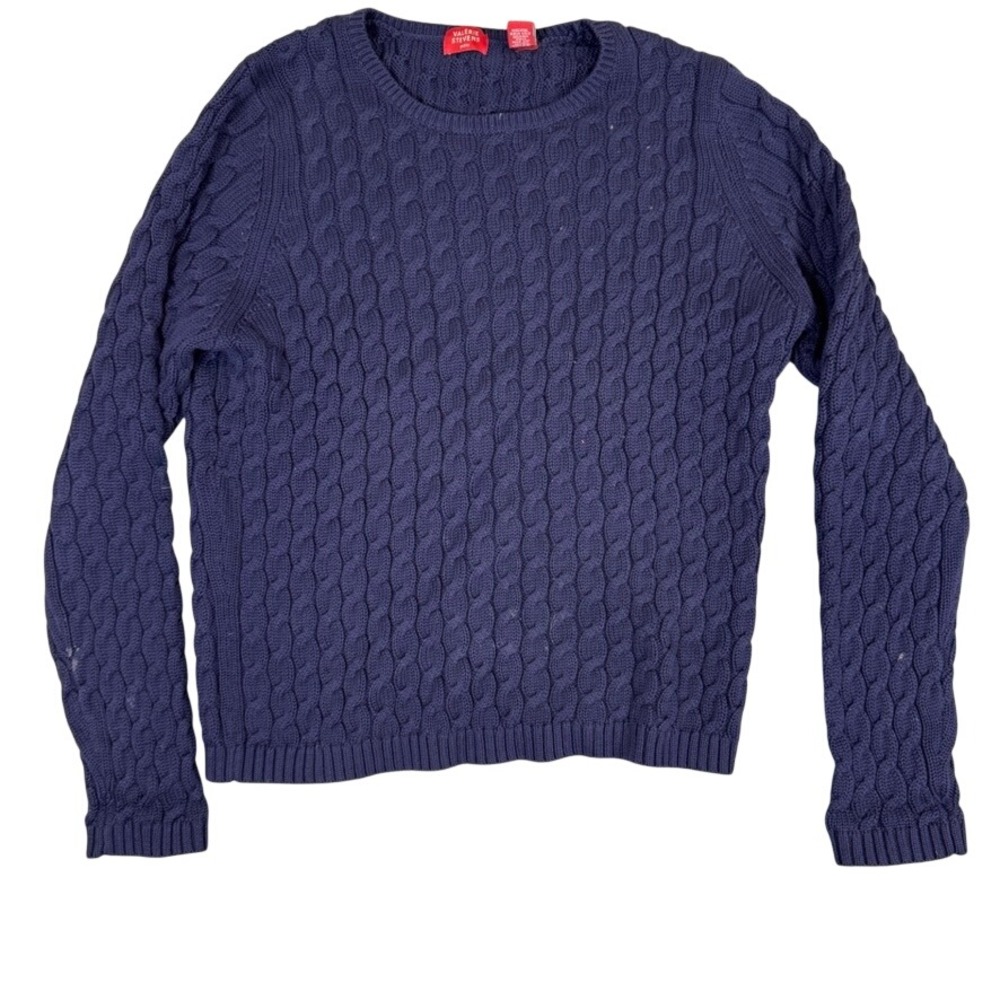 Valerie Stevens Petite Navy Blue Cable Knit Cotton Sweater Crew Neck PL
